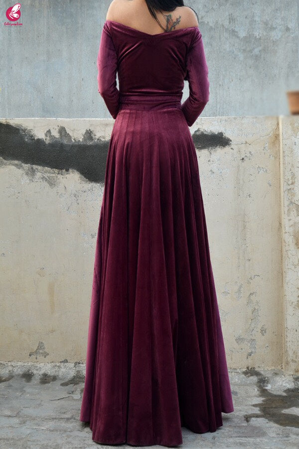 Wine Velvet off Shoulder Padded Gown