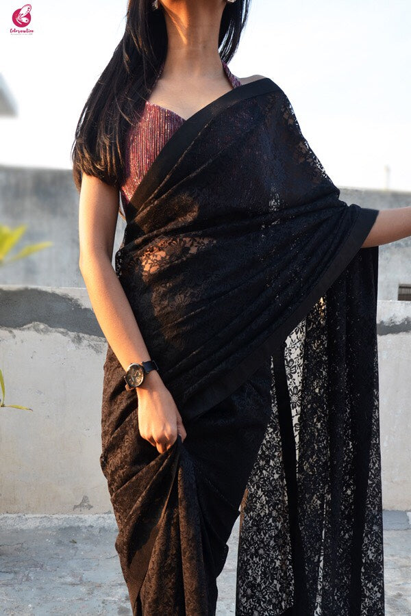 Black Chandelier Floral Net Saree