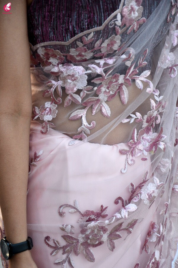 Peach Embroidered Satin Net Half and Half Saree