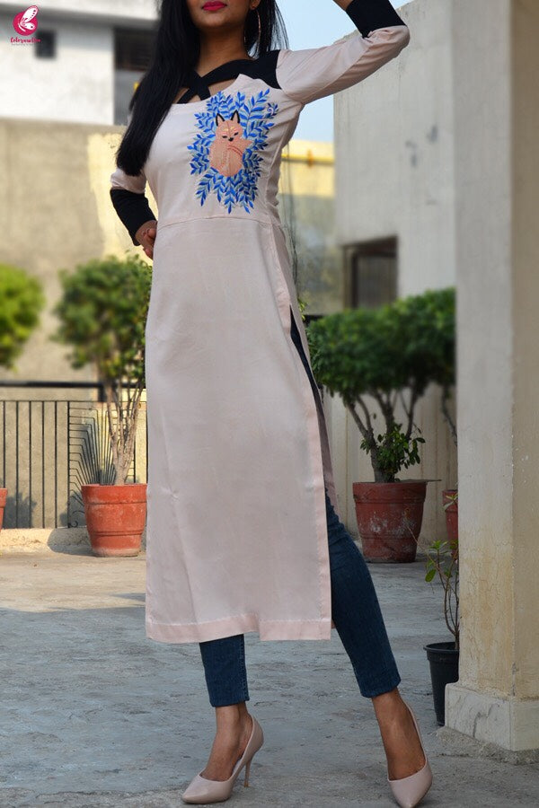 Baby Pink Rayon Embroidered Straight Kurti