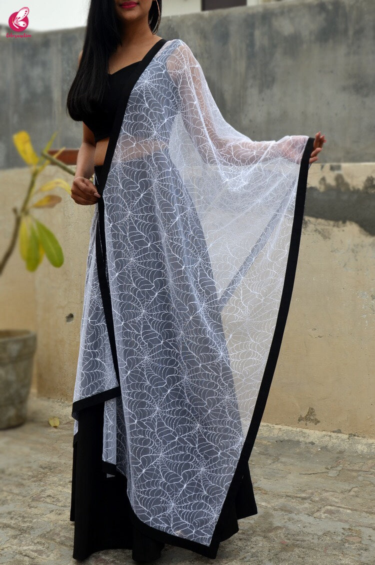 White Spider Web Net Black Taping Stole