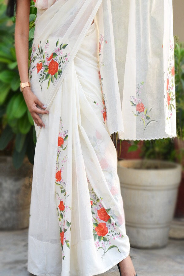 Off White Handpainted Floral Organdy Saree
