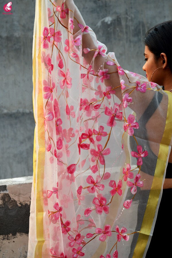 White Organza Handpainted  Floral Stole