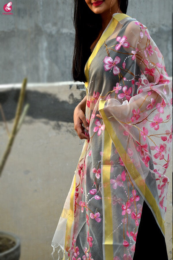 White Organza Handpainted  Floral Stole