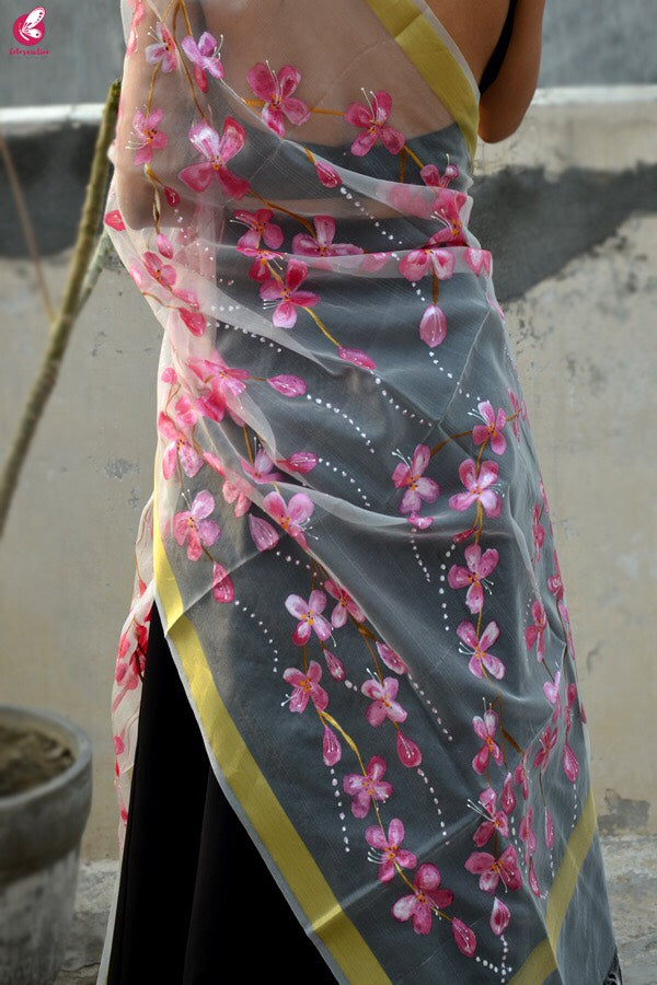 White Organza Handpainted  Floral Stole