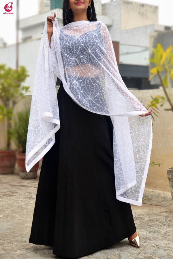 White Embroidered Spider Web Net Stole
