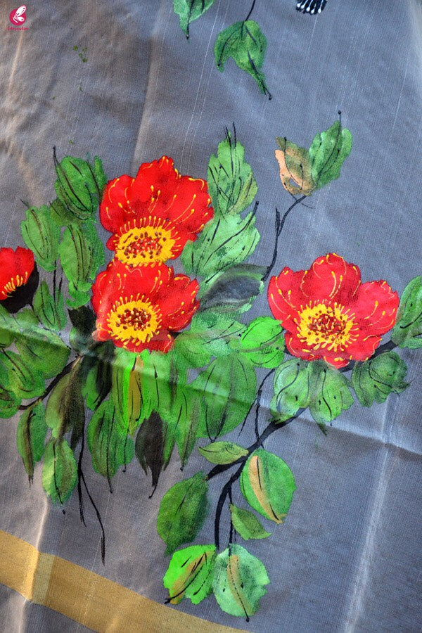 Off White Hand Painted Birds Floral Stole