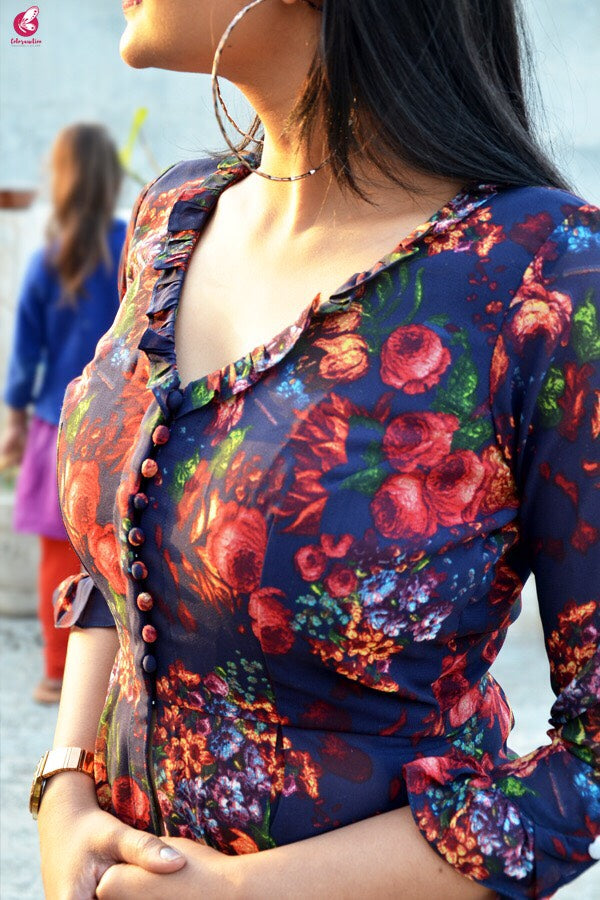 Blue Printed Front Slit Georgette Long Kurti