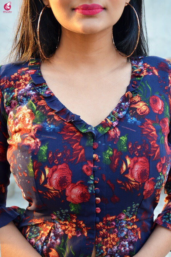 Blue Printed Front Slit Georgette Long Kurti