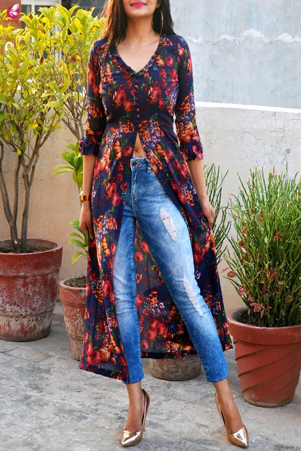Blue Printed Front Slit Georgette Long Kurti