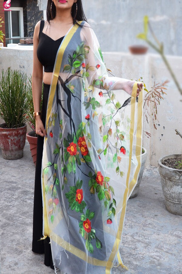 Off White Hand Painted Birds Floral Stole