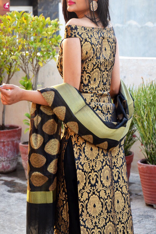 Black Brocade Padded Kurti with Cotton Silk Pants and Chanderi Stole