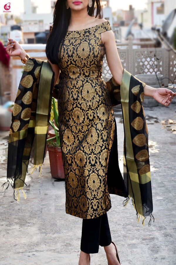 Black Brocade Padded Kurti with Cotton Silk Pants and Chanderi Stole