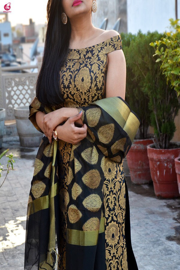 Black Brocade Padded Kurti with Cotton Silk Pants and Chanderi Stole