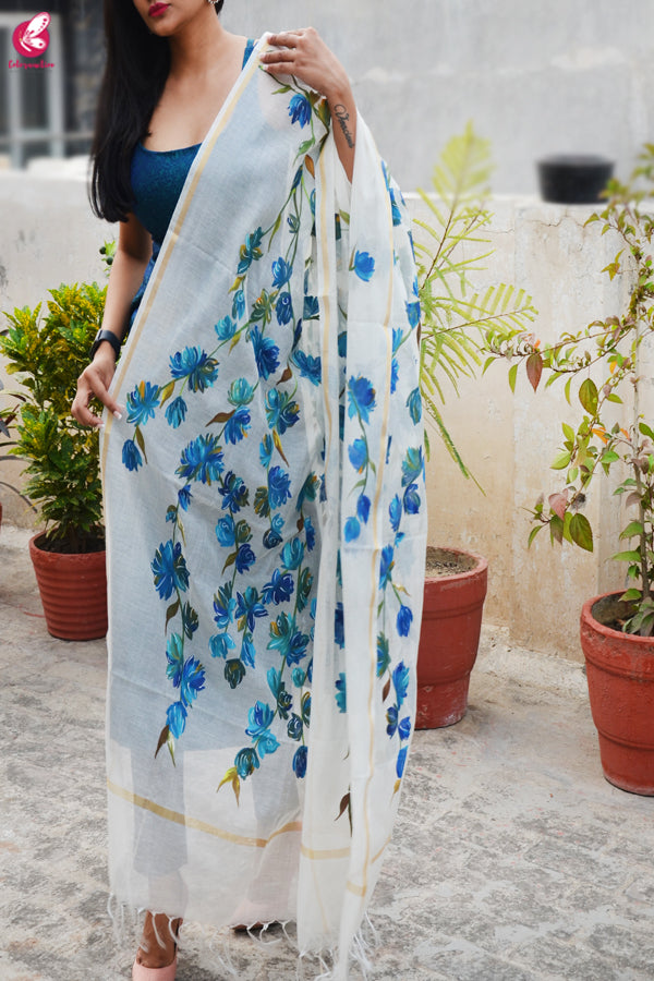 Off White Chanderi Teal Green Floral Handpainted Stole