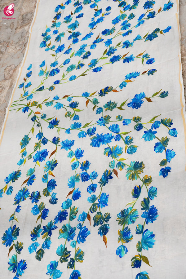 Off White Chanderi Teal Green Floral Handpainted Stole