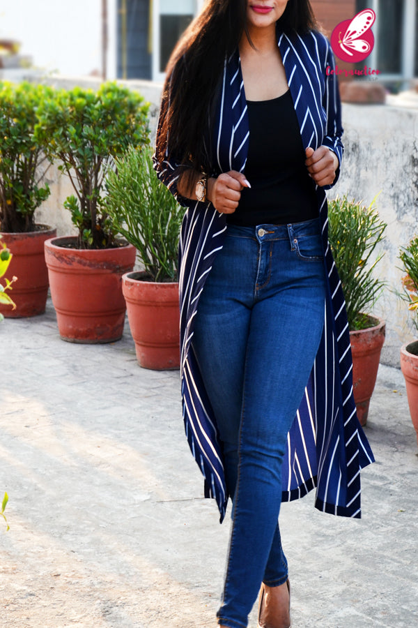 Navy Blue Stripes Crepe Quarter Sleeves Long Shrug