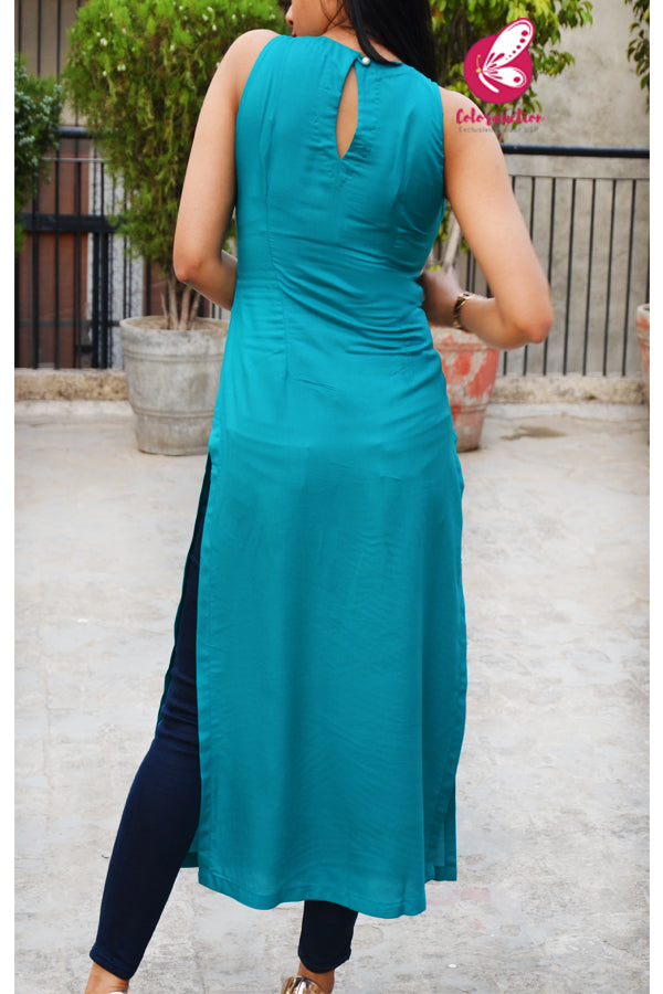 Turquoise Modal Rayon Red Patch Work Kurti