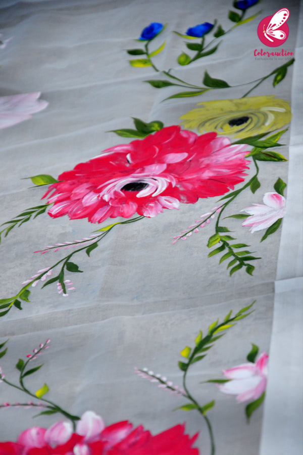 Off White Pure Organza Multicoloured Floral Stole