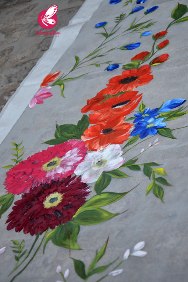 Off White Pure Organza Multicoloured Floral Stole