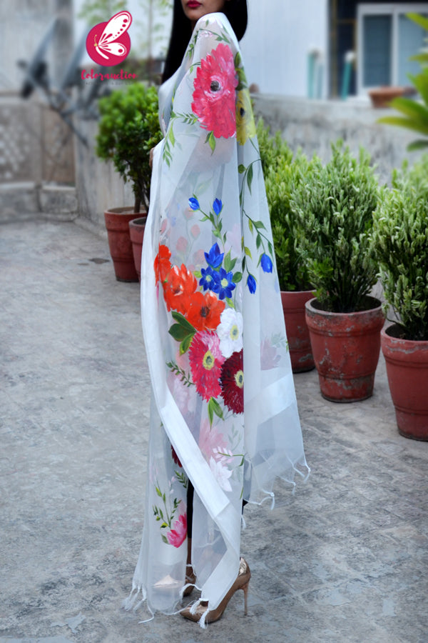 Off White Pure Organza Multicoloured Floral Stole