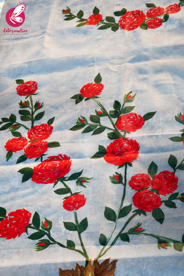 Off White Red Roses Pure Organza Stole