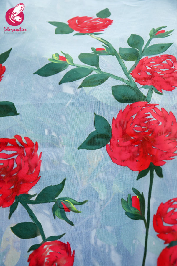 Off White Red Roses Pure Organza Stole