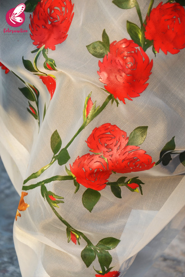 Off White Red Roses Pure Organza Stole
