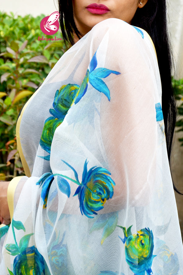 Off White Pure Organza Teal Green Roses Floral Stole