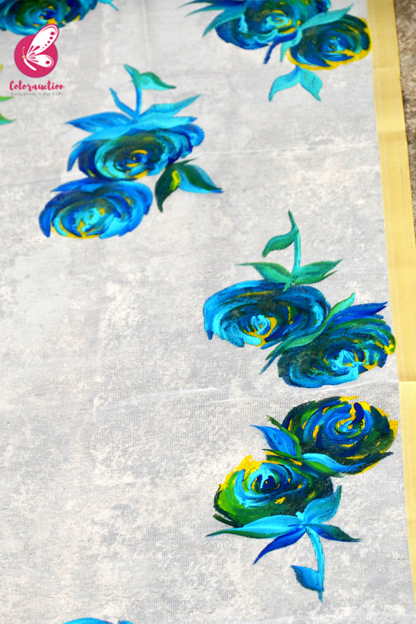 Off White Pure Organza Teal Green Roses Floral Stole