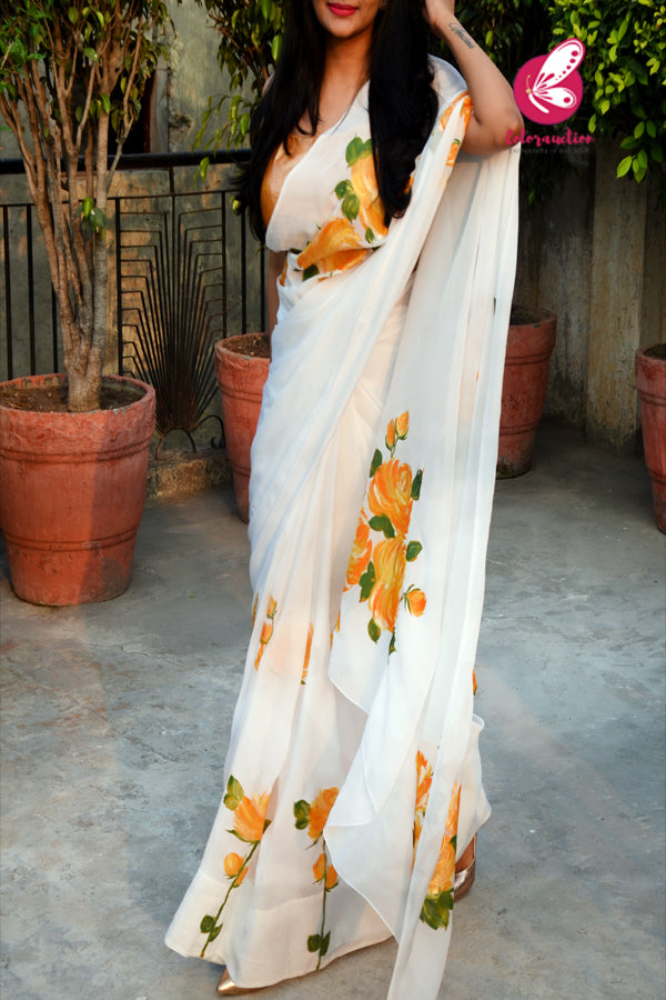 Off White Crepe Chiffon Yellow Golden Hand-painted Saree