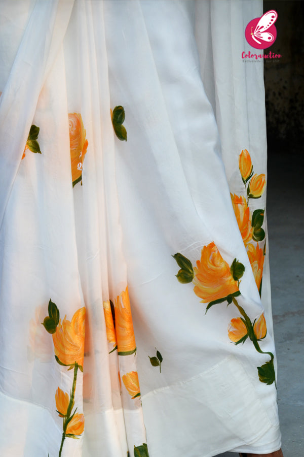Off White Crepe Chiffon Yellow Golden Hand-painted Saree