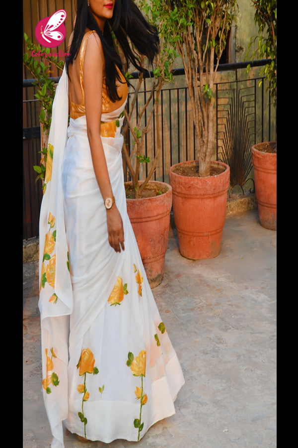 Off White Crepe Chiffon Yellow Golden Hand-painted Saree