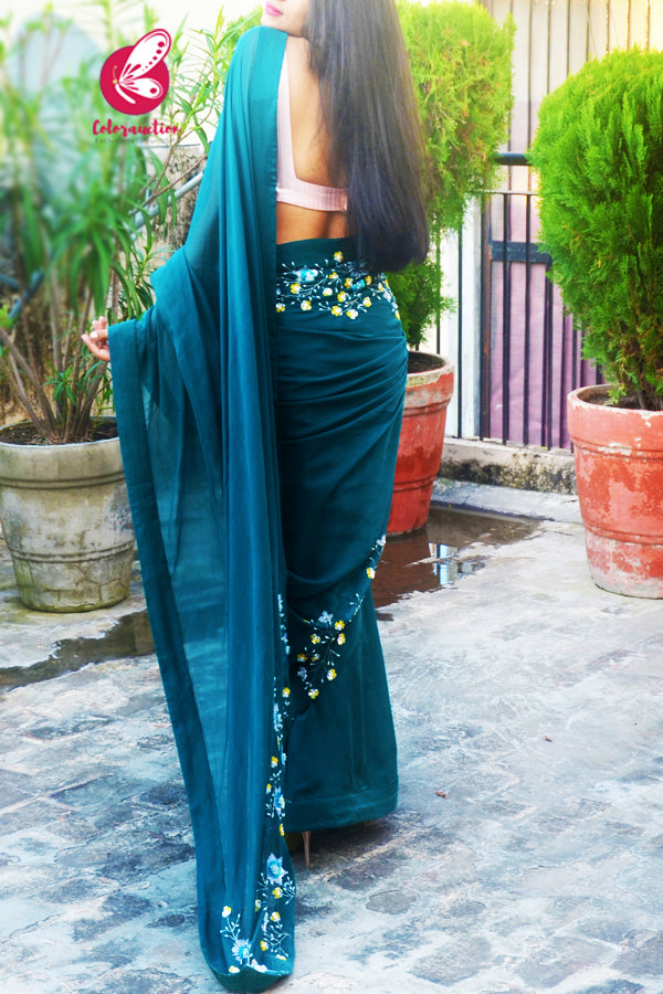 Teal Pure Silk Chiffon Sequins Pearl Handwork Saree