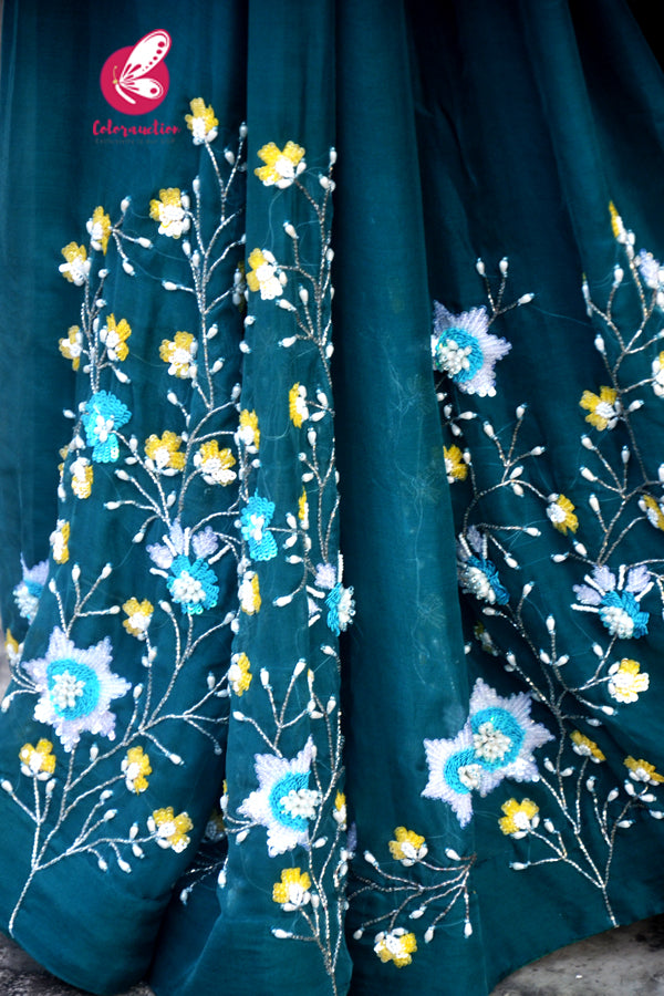 Teal Pure Silk Chiffon Sequins Pearl Handwork Saree