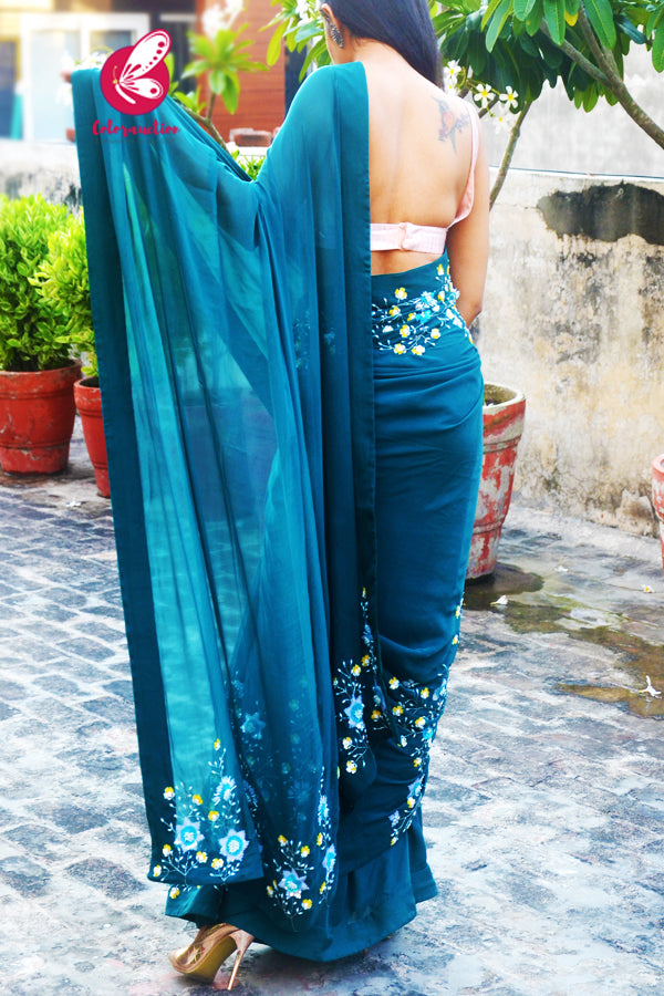 Teal Pure Silk Chiffon Sequins Pearl Handwork Saree