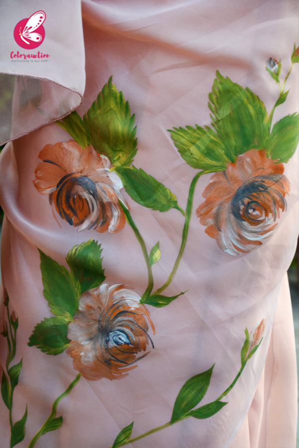 Peach Crepe Chiffon Handpainted Metallic Floral Saree