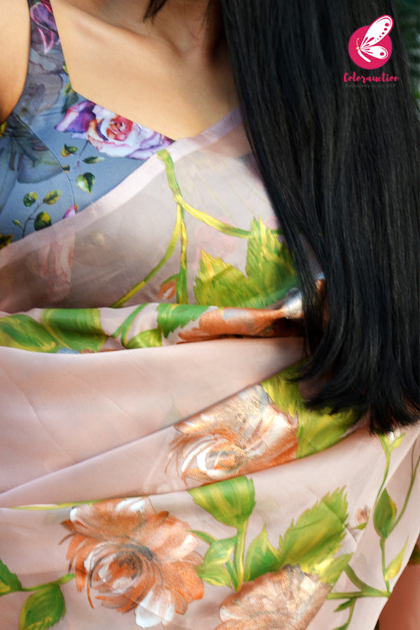 Peach Crepe Chiffon Handpainted Metallic Floral Saree