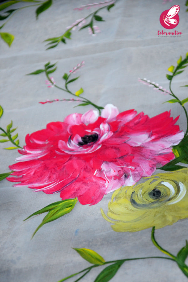 Off White Pure Organza Multicoloured Floral Stole