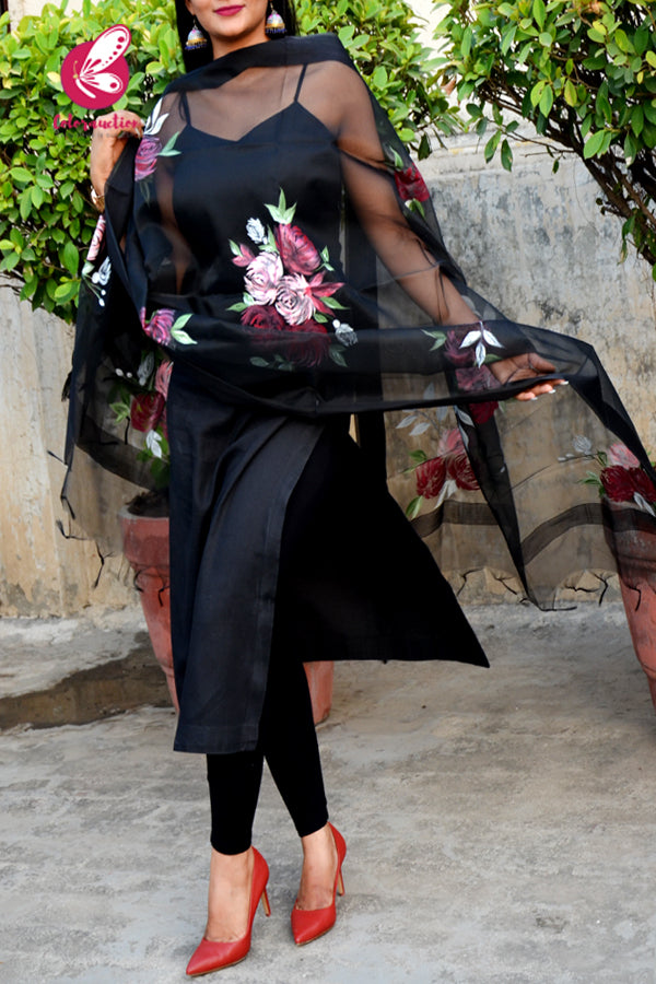 Black Organza Multocoloured Floral Hand painted Stole