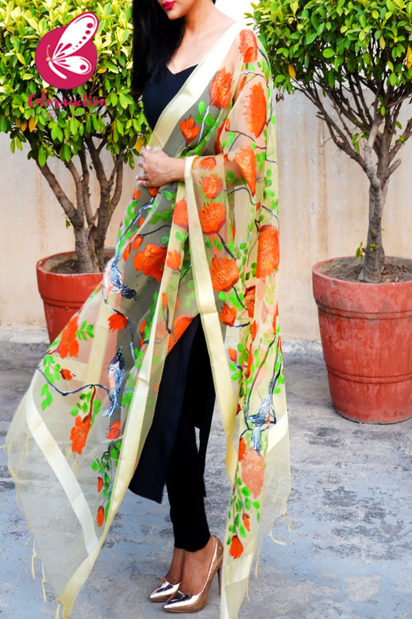 Cream Organza Vermillion Floral Hand painted Stole