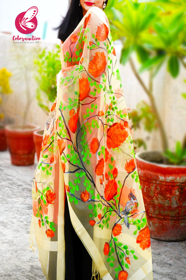 Cream Organza Vermillion Floral Hand painted Stole