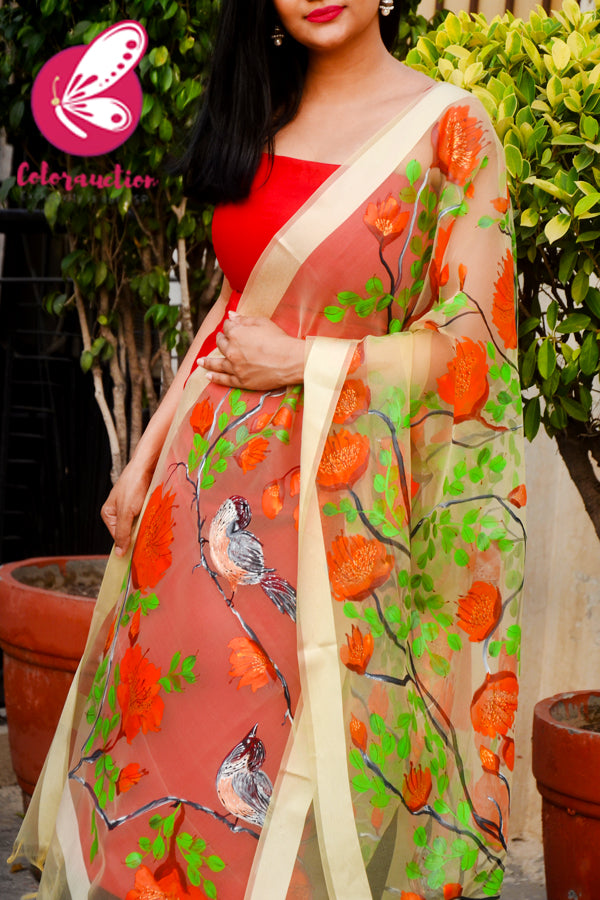 Cream Organza Vermillion Floral Hand painted Stole