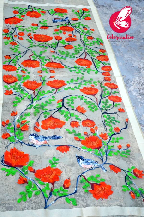 Cream Organza Vermillion Floral Hand painted Stole