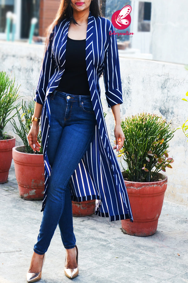 Navy Blue Stripes Crepe Quarter Sleeves Long Shrug