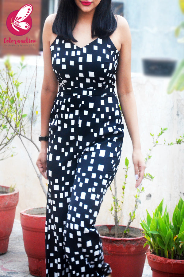 Black Printed Crepe Geometric Jumpsuit