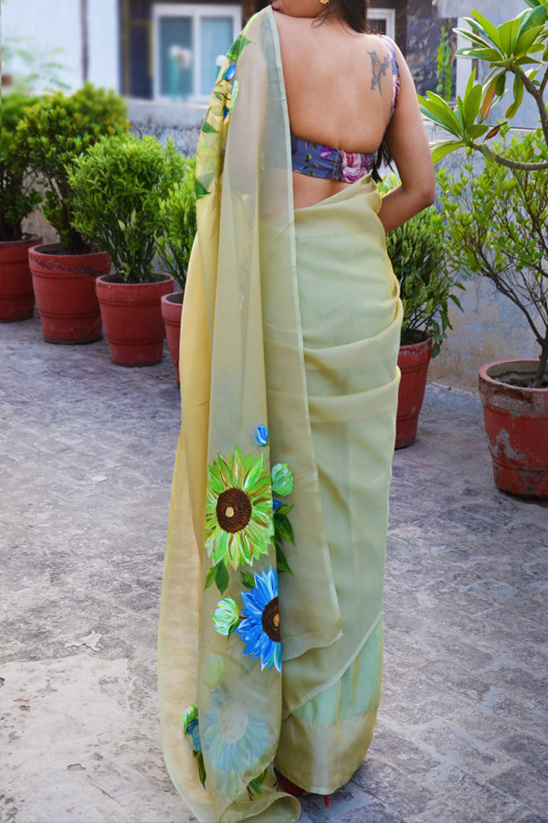 Green Crepe Chiffon Handpainted Metallic Floral Saree