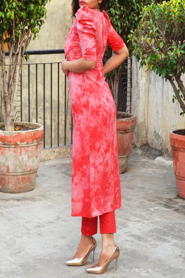 Red &amp; White Tie &amp; Dye Rayon Kurti with Red Cotton Silk Pants