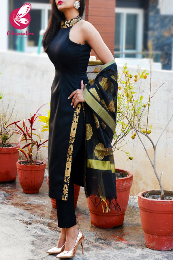Black Cotton Silk Golden Brocade Padded Kurti with Black Cotton Silk Pants and Black Chanderi Dupatta