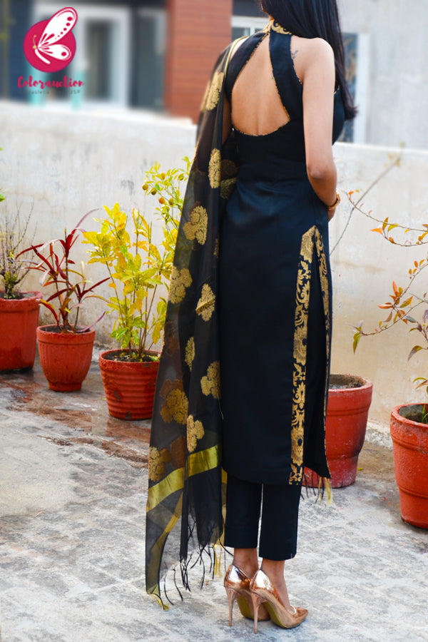 Black Cotton Silk Golden Brocade Padded Kurti with Black Cotton Silk Pants and Black Chanderi Dupatta